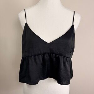 Wilfred Aritzia Black Satin Peplum Camisole Cropped Top Womens Size M